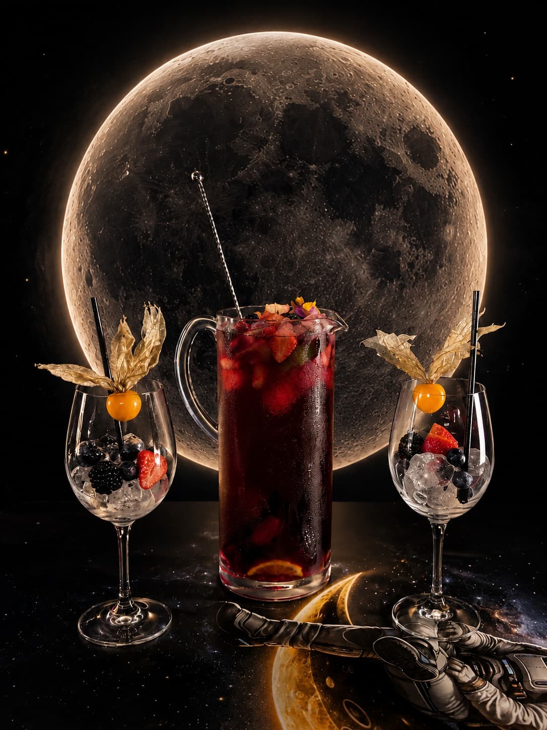 Sangría Polaris servida junto a un fondo de luna llena